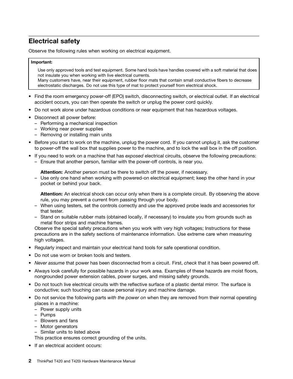 Electrical safety | Lenovo T420 User Manual | Page 8 / 178