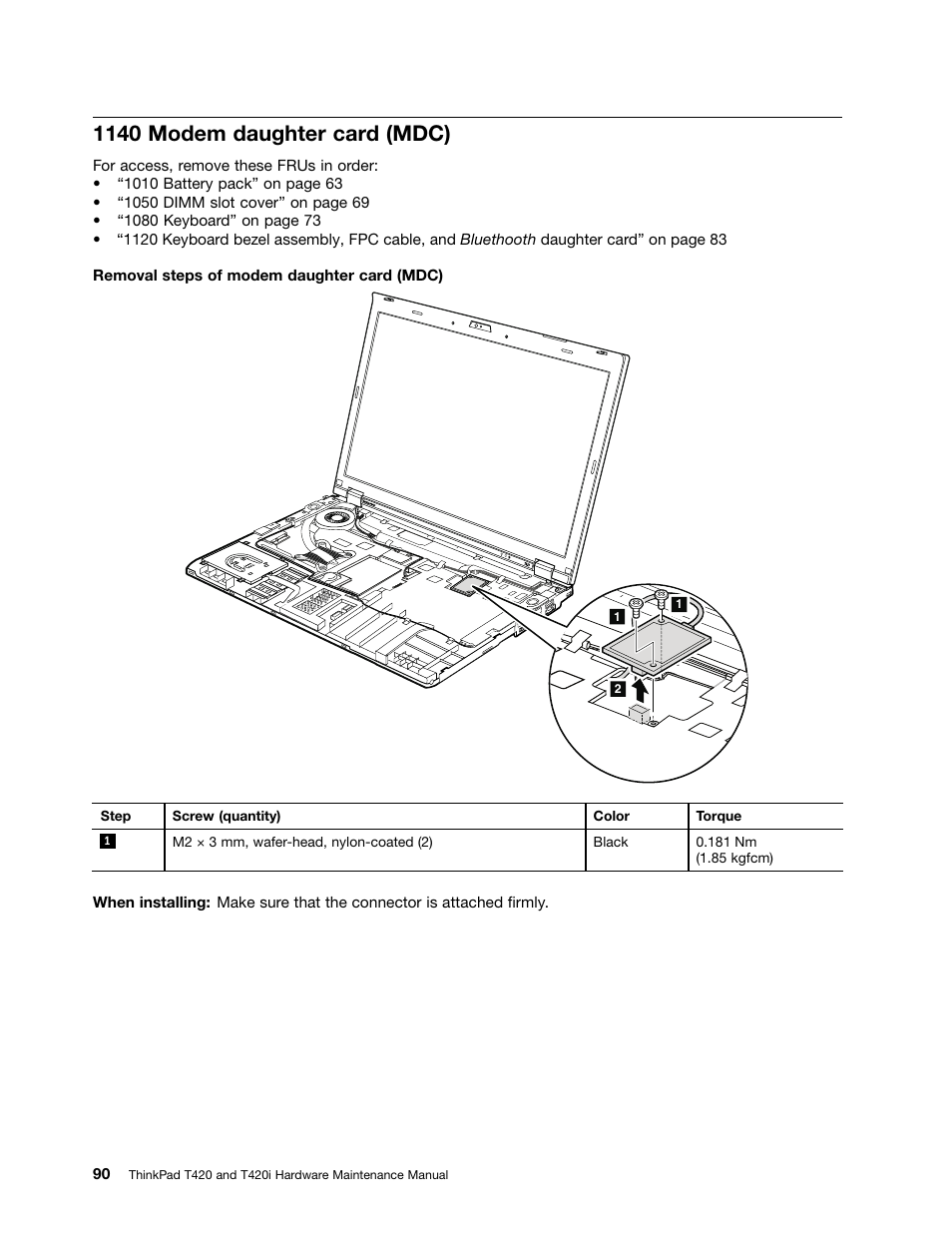 1140 modem daughter card (mdc) | Lenovo T420 User Manual | Page 96 / 178