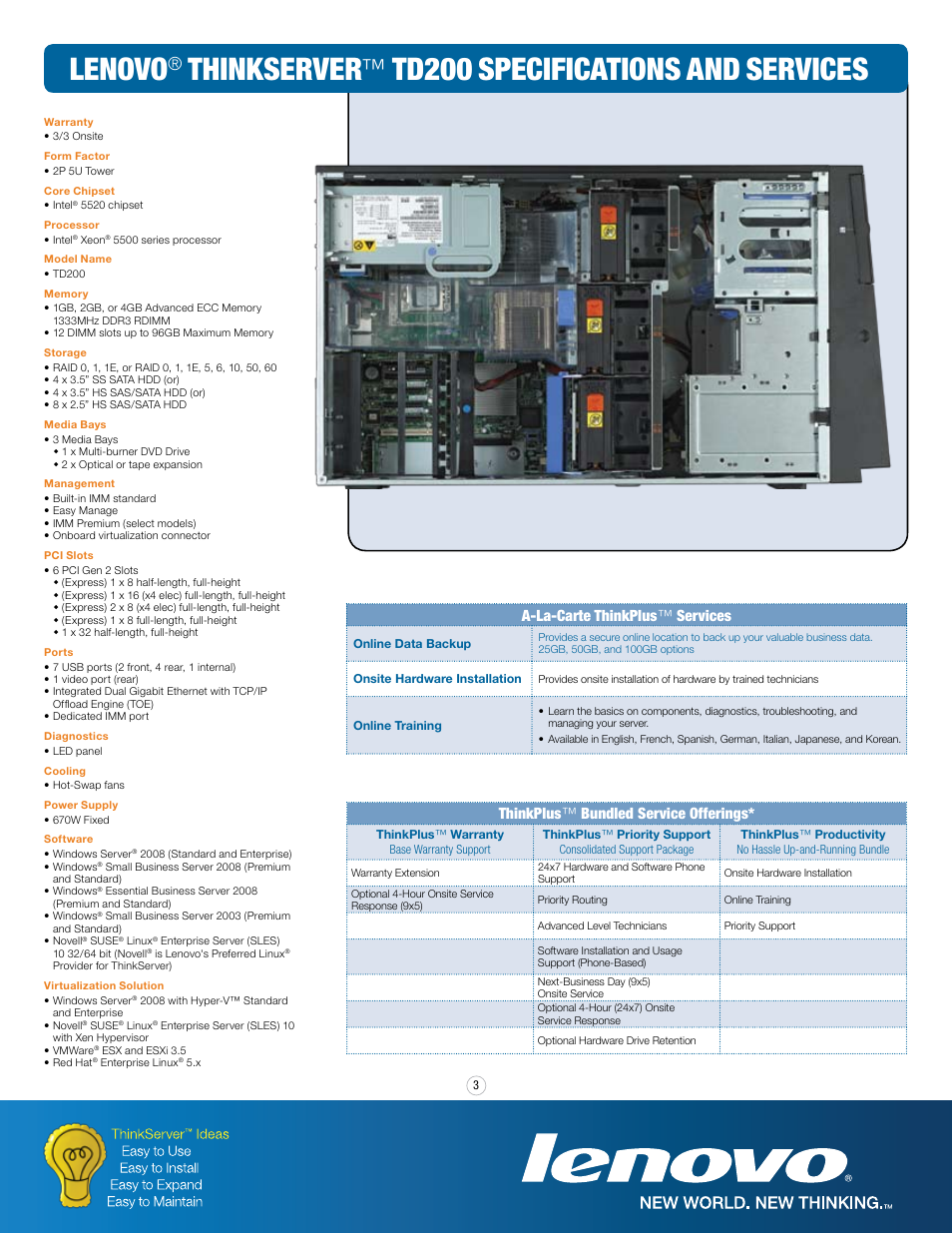 Lenovo, Thinkserver, Td200 specifications and services | A-la-carte thinkplus ™ services, Thinkplus ™ bundled service offerings | Lenovo Think TD User Manual | Page 3 / 4