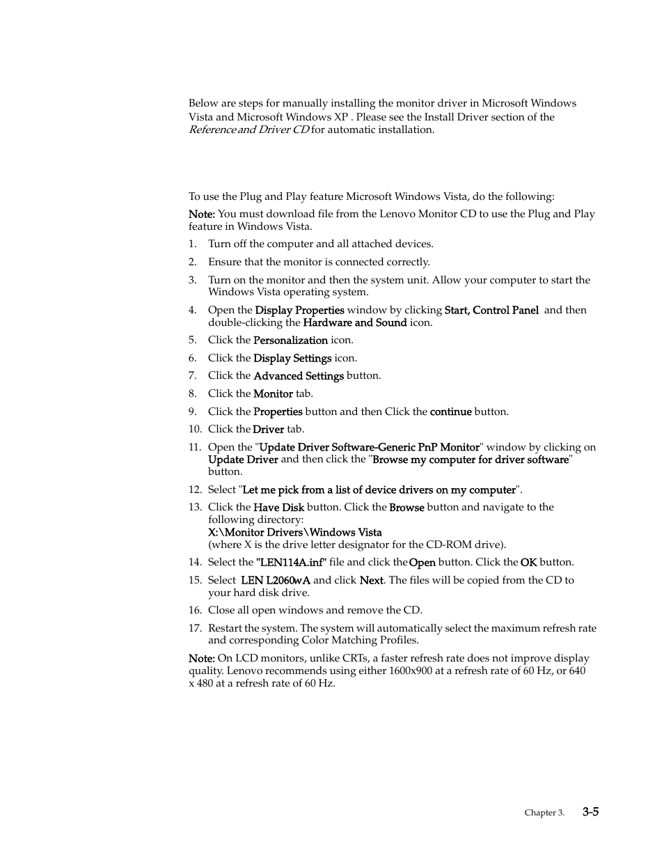 Manually installing the monitor driver, Installing the monitor driver in windows vista | Lenovo L2060 User Manual | Page 23 / 32