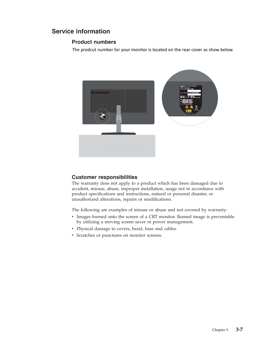 Service information, Product numbers, Customer responsibilities | Service, Information | Lenovo L2060 User Manual | Page 25 / 32