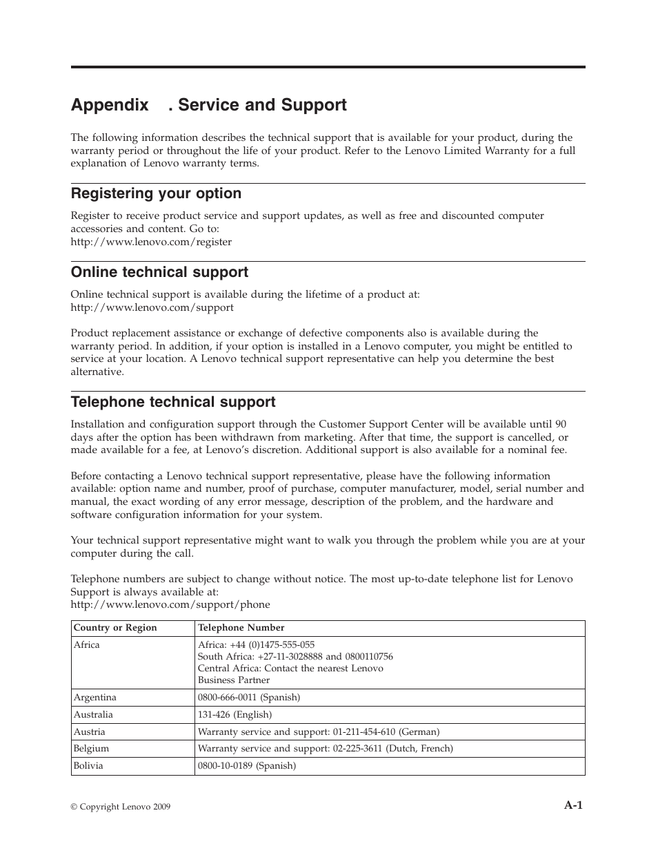 Appendix a. service and support, Registering your option, Online technical support | Telephone technical support, Appendix, Service, Support, Registering, Your, Option | Lenovo L2060 User Manual | Page 27 / 32