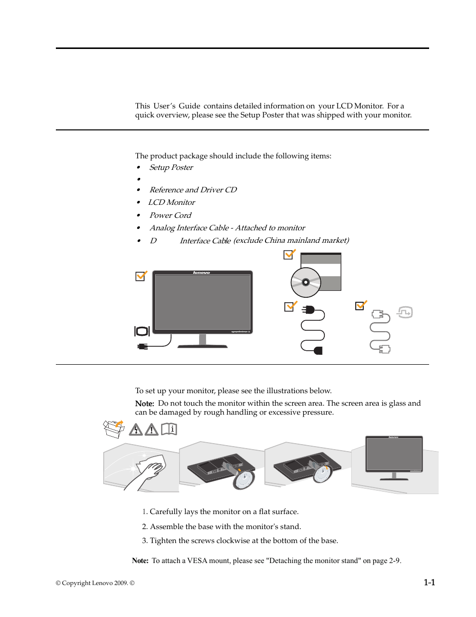 Chapter 1. getting started, Shipping contents, Attaching the base and handling your monitor | Lenovo L2060 User Manual | Page 5 / 32