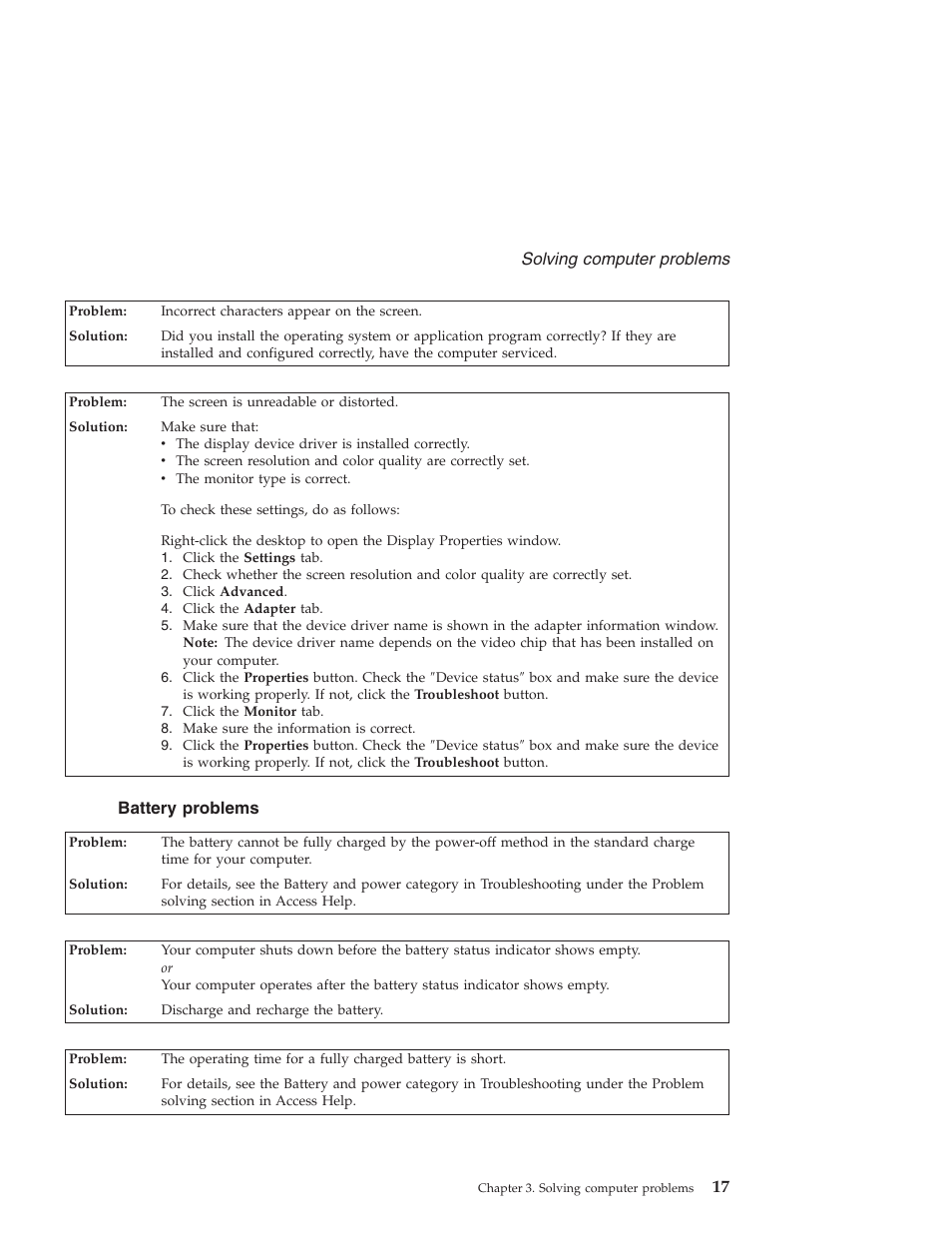Battery problems, Battery, Problems | Solving, Computer | Lenovo NONE FOUND 3000 V100 User Manual | Page 25 / 66