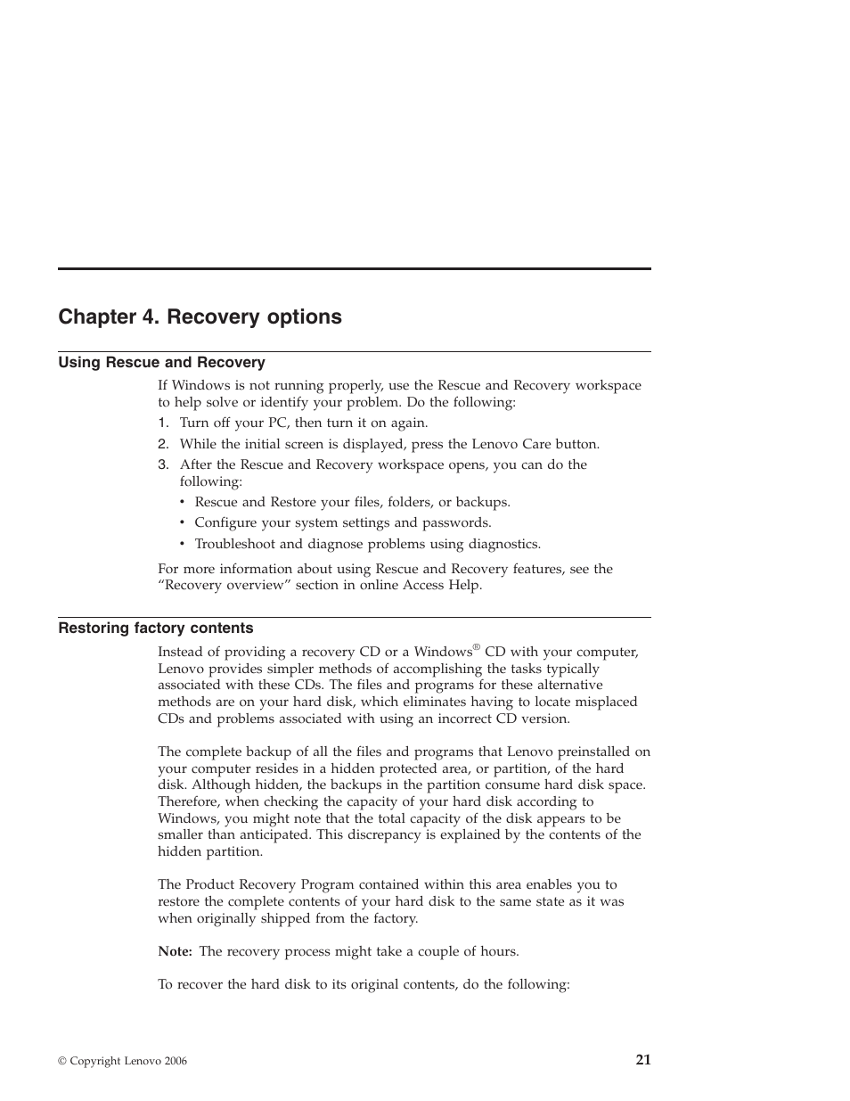 Chapter 4. recovery options, Using rescue and recovery, Restoring factory contents | Chapter, Recovery, Options, Using, Rescue, Restoring, Factory | Lenovo NONE FOUND 3000 V100 User Manual | Page 29 / 66