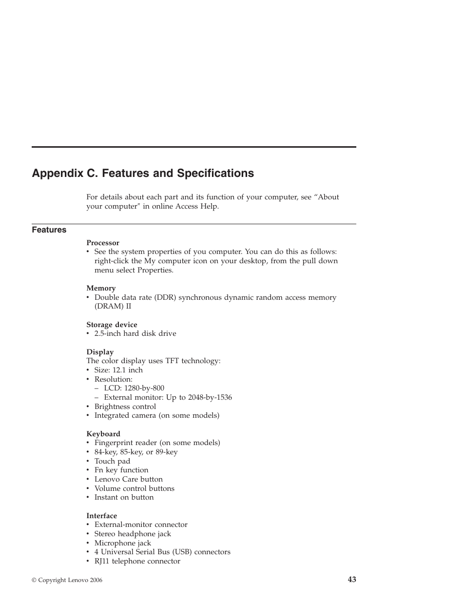 Appendix c. features and specifications, Features, Appendix | Specifications | Lenovo NONE FOUND 3000 V100 User Manual | Page 51 / 66