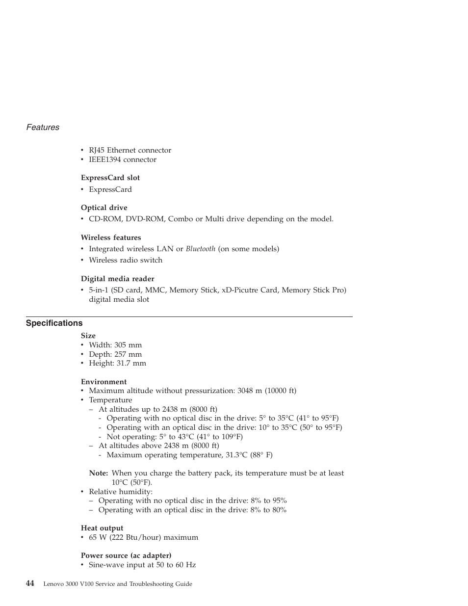 Specifications | Lenovo NONE FOUND 3000 V100 User Manual | Page 52 / 66