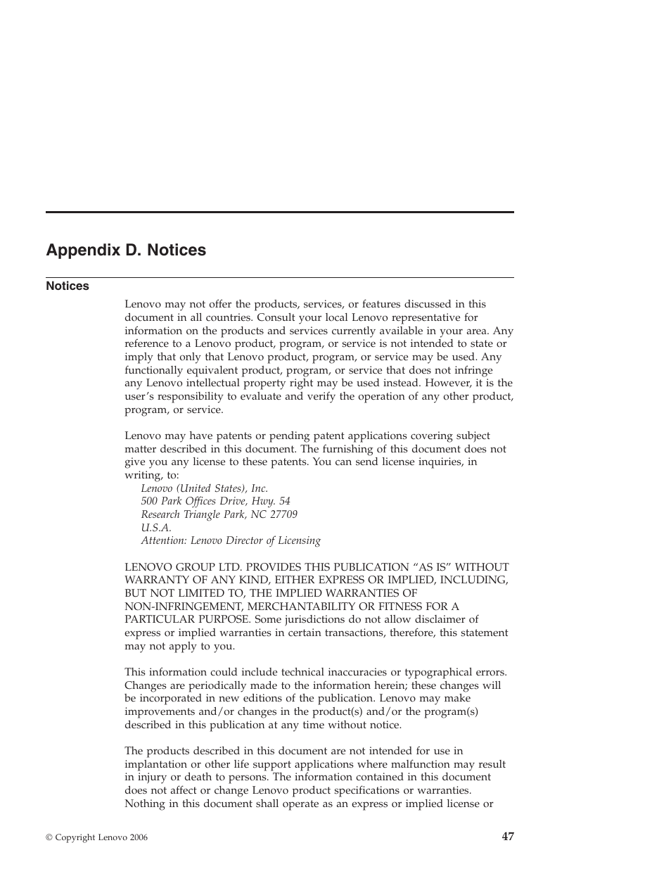 Appendix d. notices, Notices, Appendix | Lenovo NONE FOUND 3000 V100 User Manual | Page 55 / 66