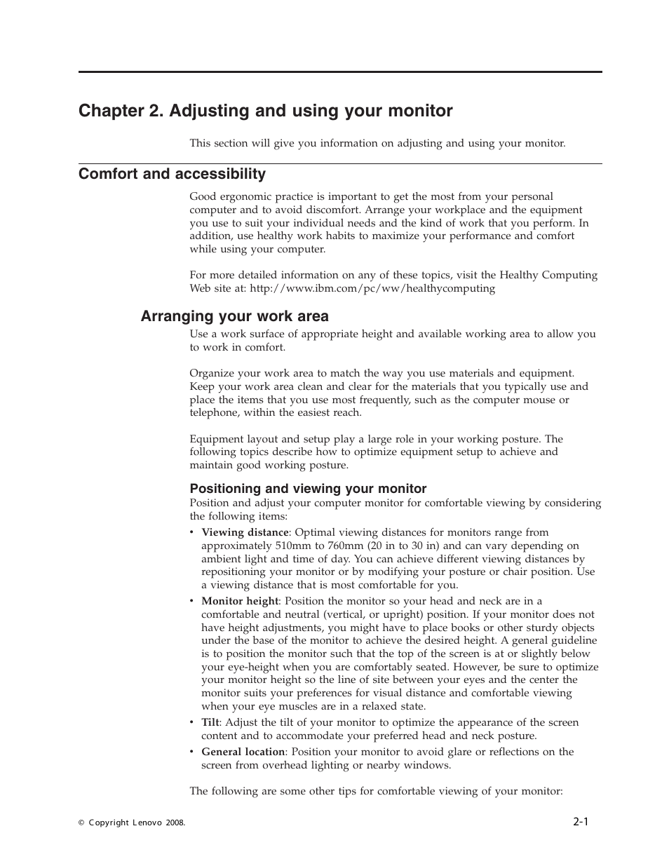 Chapter 2. adjusting and using your monitor, Comfort and accessibility, Arranging your work area | Positioning and viewing your monitor, Chapter, Adjusting, Using, Your, Monitor, Comfort | Lenovo L1900P User Manual | Page 12 / 31