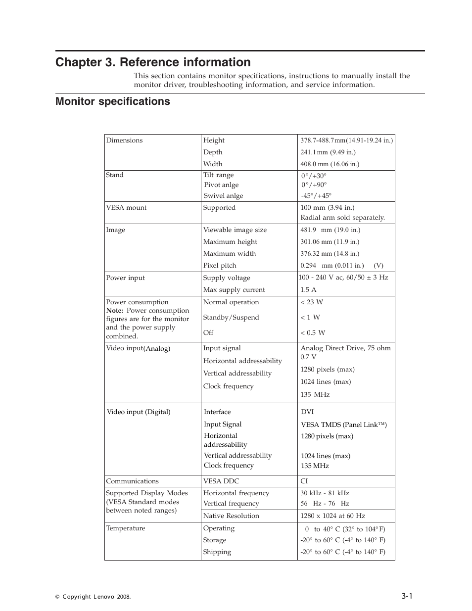 Chapter 3. reference information, Monitor specifications, Chapter | Reference, Information, Monitor, Specifications | Lenovo L1900P User Manual | Page 19 / 31