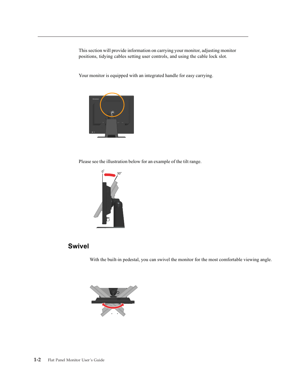 Product overview, Types of adjustments, Swivel | Carrying your monitor | Lenovo L1900P User Manual | Page 6 / 31