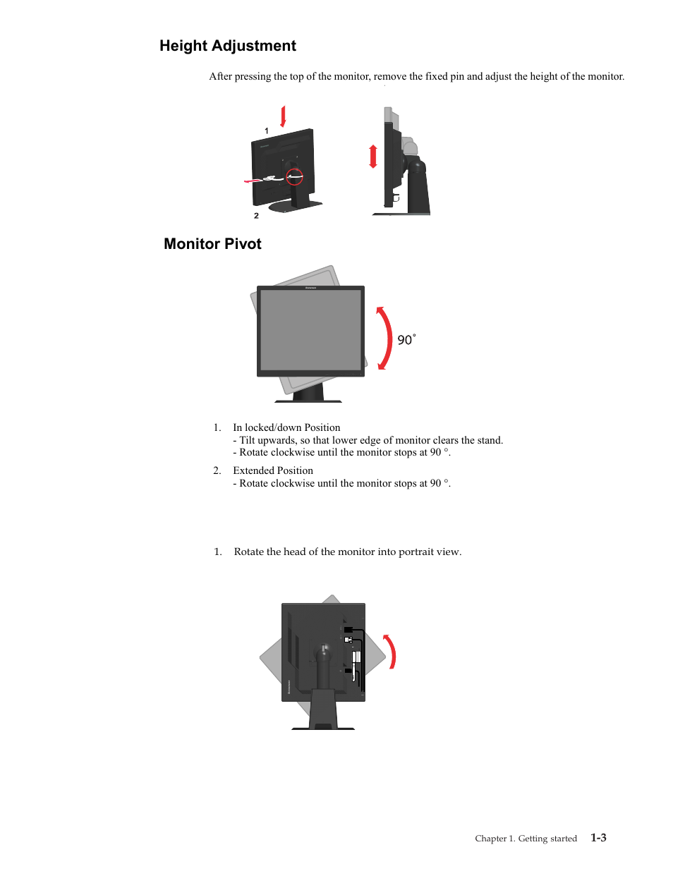 Height adjustment, Monitor pivot, Tidying cables | Lenovo L1900P User Manual | Page 7 / 31
