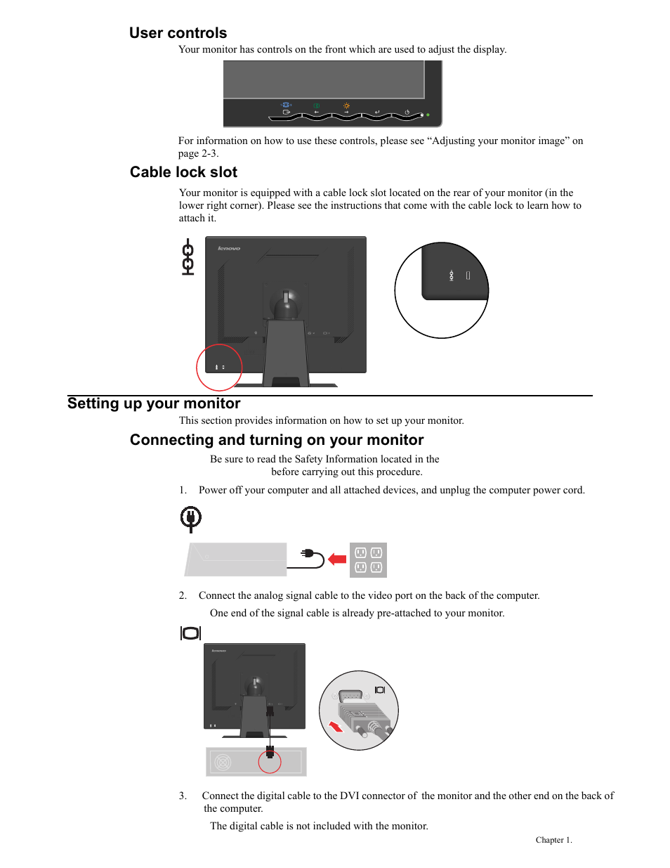 User controls, Cable lock slot, Setting up your monitor | Connecting and turning on your monitor | Lenovo L1900P User Manual | Page 9 / 31