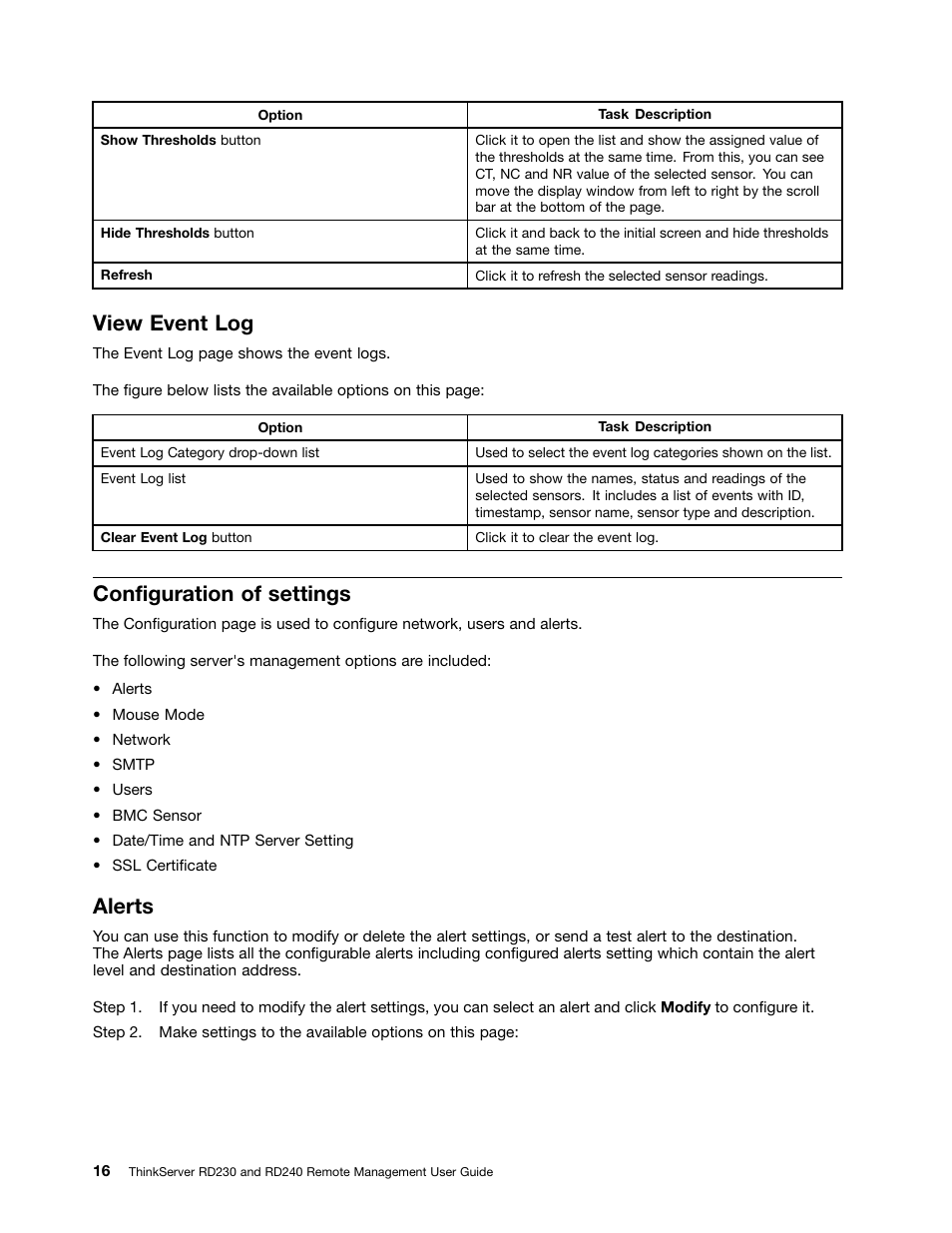 View event log, Configuration of settings, Alerts | Lenovo RD240 User Manual | Page 22 / 32