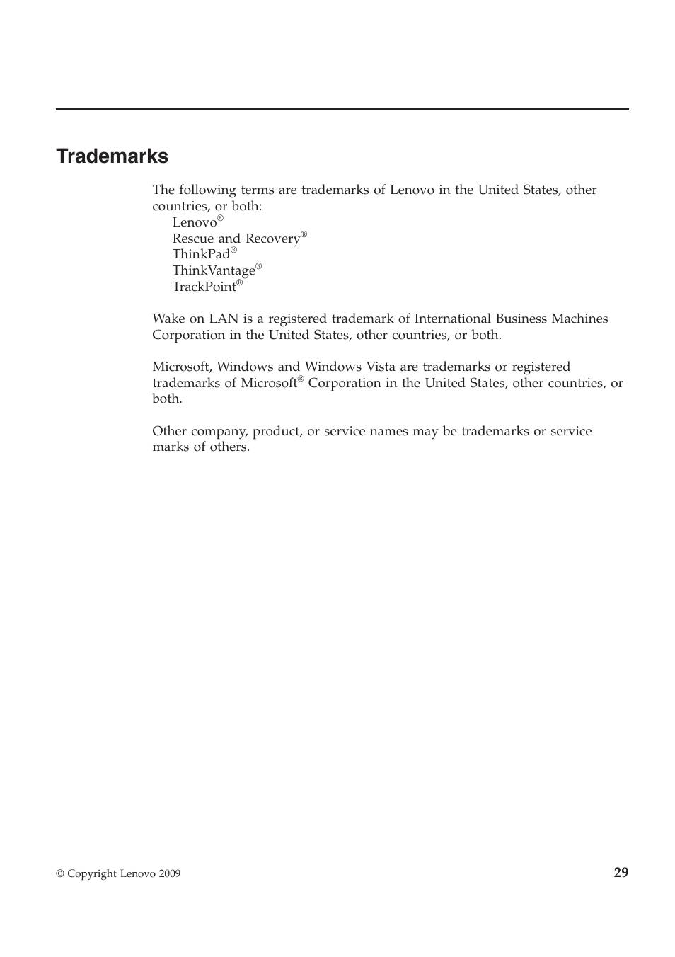 Trademarks | Lenovo THINKPAD X201S User Manual | Page 43 / 44