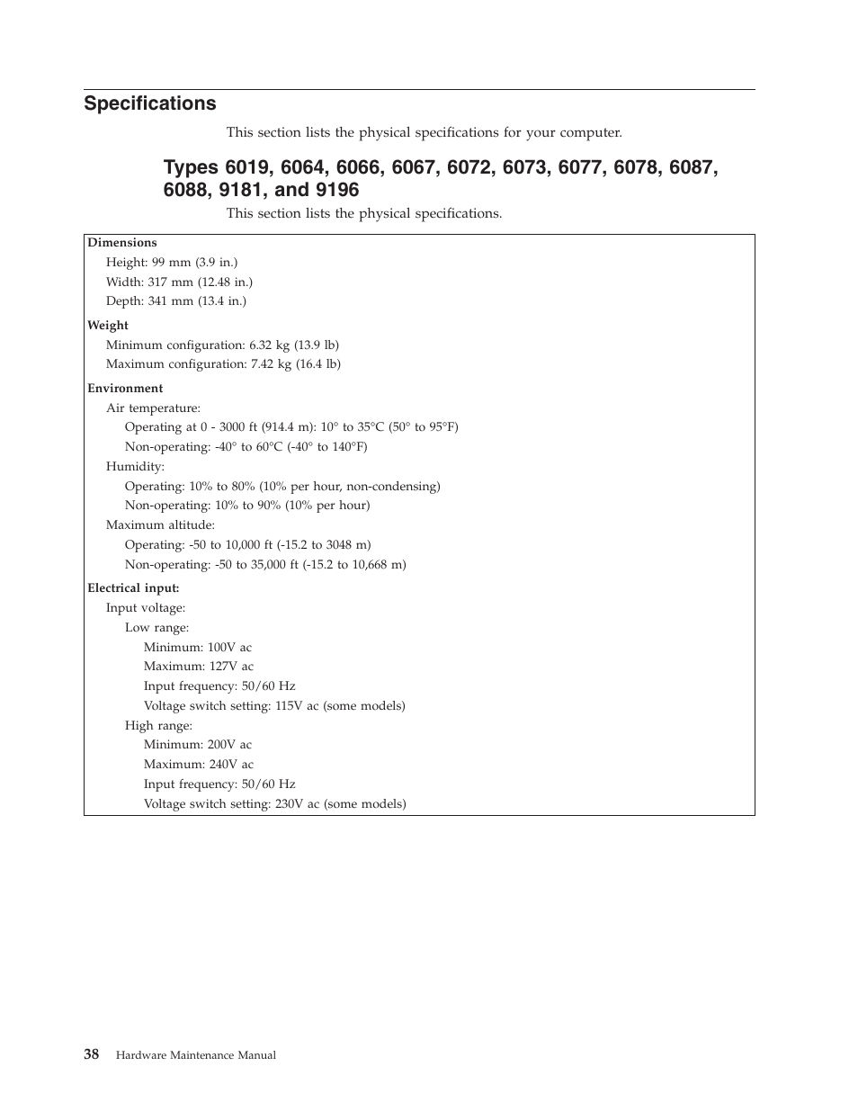 Specifications, Types | Lenovo THINKCENTRE 6019 User Manual | Page 44 / 506