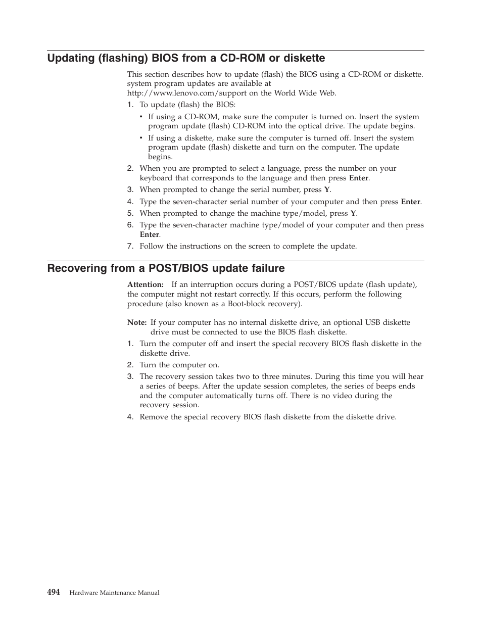 Updating (flashing) bios from a cd-rom or diskette, Recovering from a post/bios update failure, Updating | Flashing), Bios, From, Cd-rom, Diskette, Recovering, Post/bios | Lenovo THINKCENTRE 6019 User Manual | Page 500 / 506