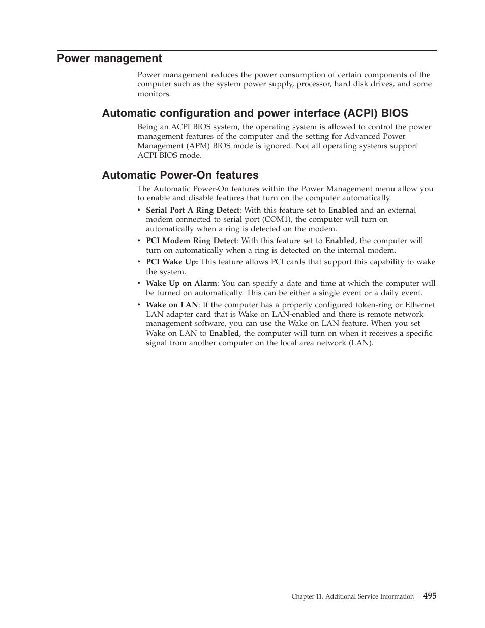 Power management, Automatic power-on features, Power | Management, Automatic, Configuration, Interface, Acpi), Bios, Power-on | Lenovo THINKCENTRE 6019 User Manual | Page 501 / 506
