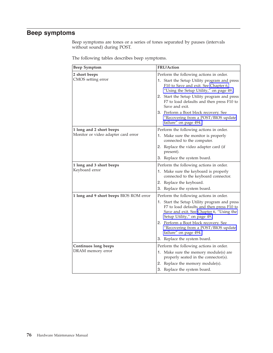 Beep symptoms, Beep, Symptoms | Lenovo THINKCENTRE 6019 User Manual | Page 82 / 506