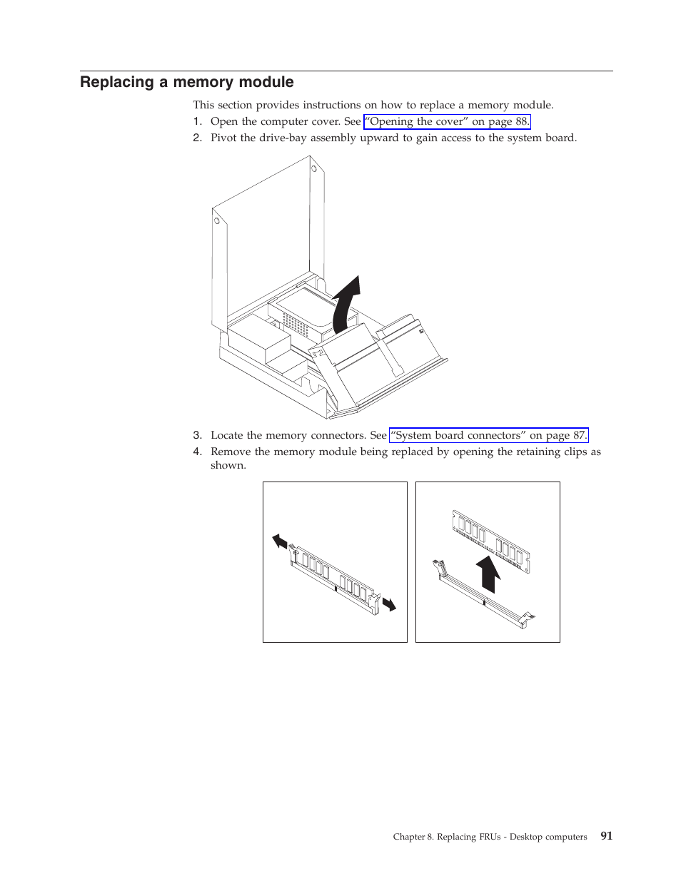 Replacing a memory module, Replacing, Memory | Module | Lenovo THINKCENTRE 6019 User Manual | Page 97 / 506