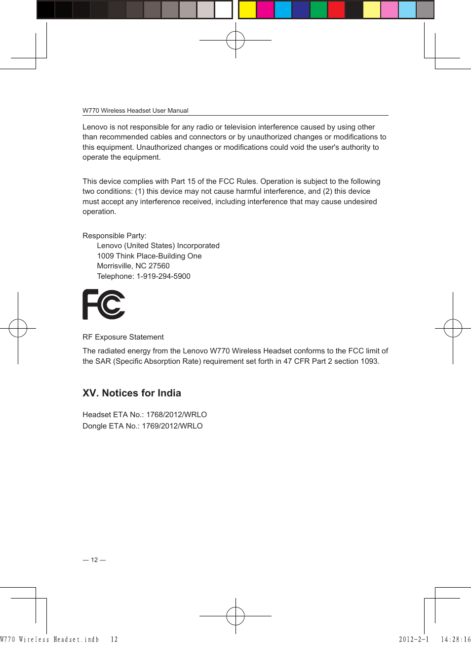 Xv. notices for india | Lenovo W770 User Manual | Page 13 / 13