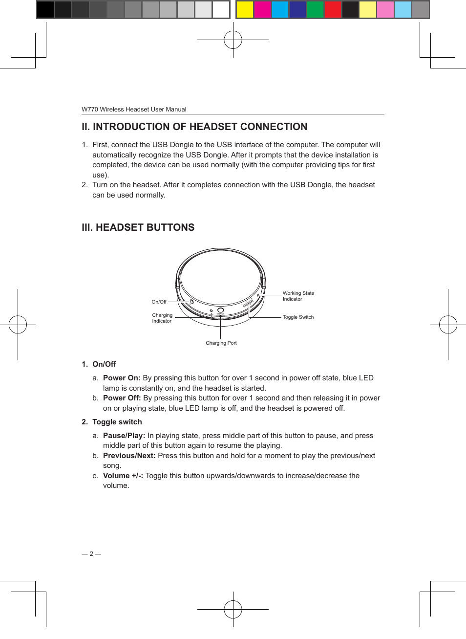 Ii. introduction of headset connection, Iii. headset buttons | Lenovo W770 User Manual | Page 3 / 13