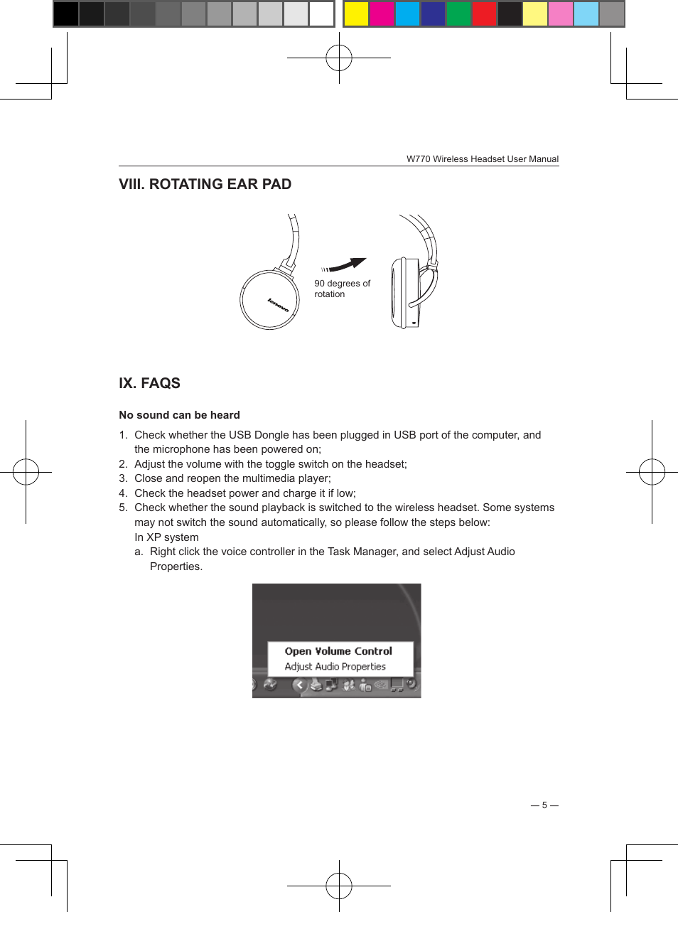 Viii. rotating ear pad, Ix. faqs | Lenovo W770 User Manual | Page 6 / 13