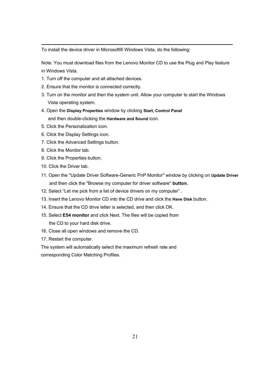 Installing the device driver in windows vista | Lenovo ThinkVision E54 User Manual | Page 23 / 24