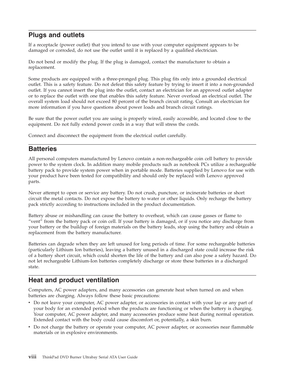 Plugs and outlets, Batteries, Heat and product ventilation | Plugs, Outlets, Viii, Heat, Product, Ventilation | Lenovo ThinkPad 43N3222 User Manual | Page 10 / 40