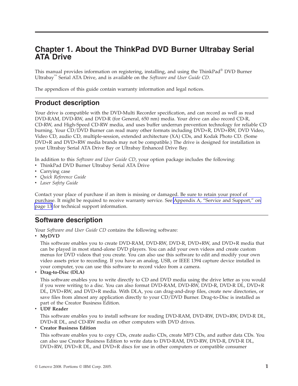 Product description, Software description, Chapter | About, Thinkpad, Burner, Ultrabay, Serial, Drive, Product | Lenovo ThinkPad 43N3222 User Manual | Page 13 / 40