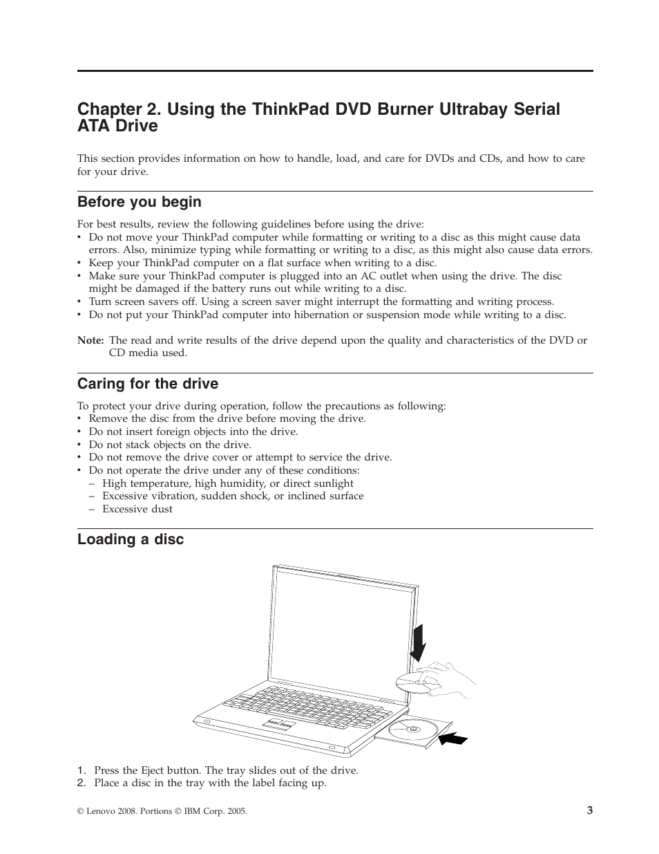 Before you begin, Caring for the drive, Loading a disc | Chapter, Using, Thinkpad, Burner, Ultrabay, Serial, Drive | Lenovo ThinkPad 43N3222 User Manual | Page 15 / 40