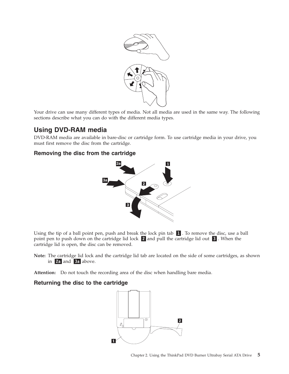 Using dvd-ram media, Removing the disc from the cartridge, Returning the disc to the cartridge | Using, Dvd-ram, Media, Removing, Disc, From, Cartridge | Lenovo ThinkPad 43N3222 User Manual | Page 17 / 40