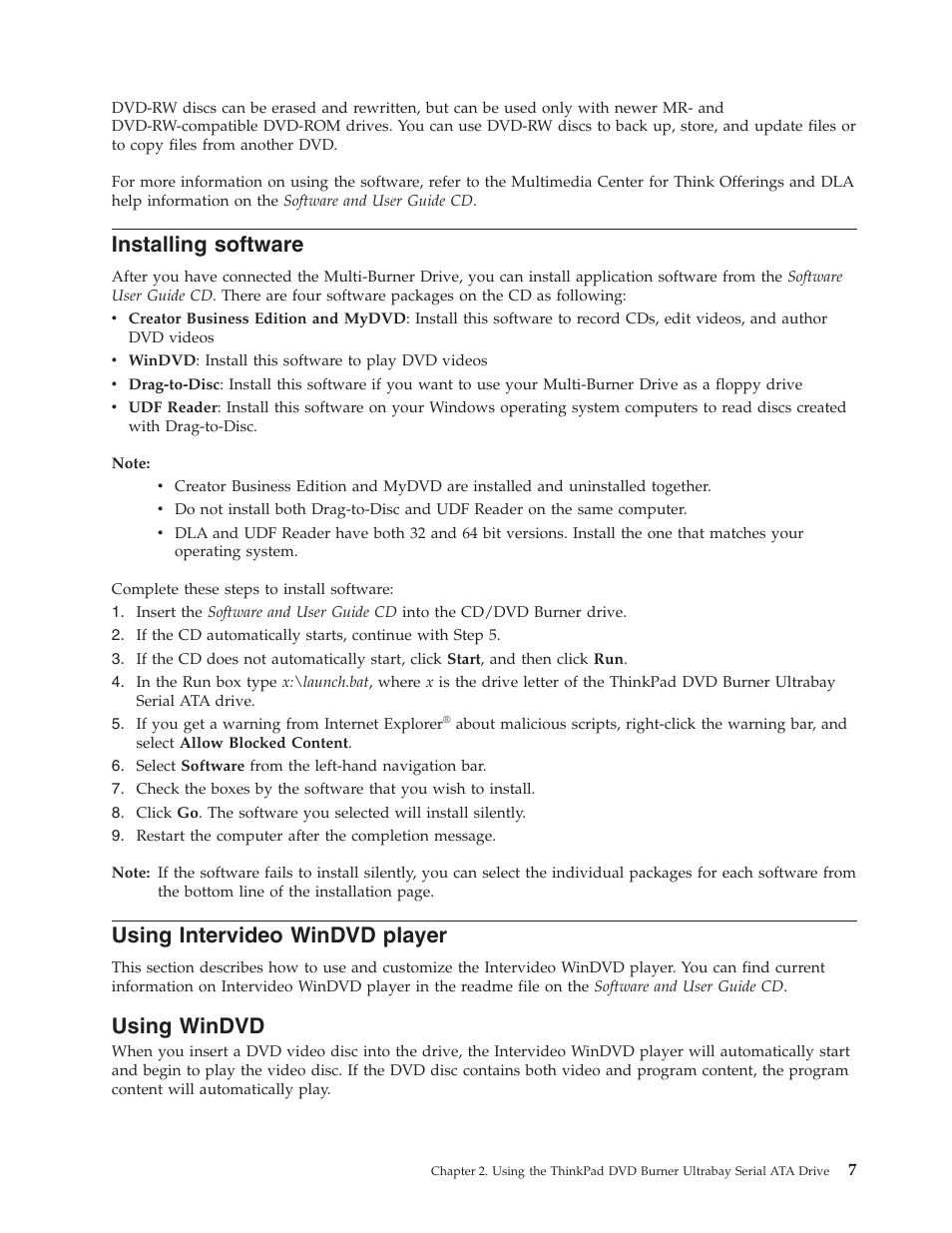 Installing software, Using intervideo windvd player, Using windvd | Installing, Software, Using, Intervideo, Windvd, Player | Lenovo ThinkPad 43N3222 User Manual | Page 19 / 40