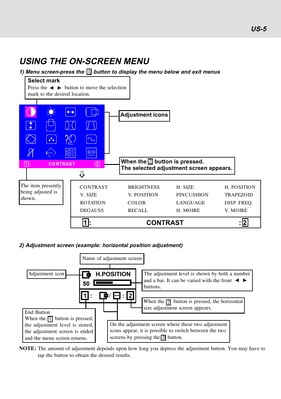 Using the on-screen menu, Us-5, 1 : contrast : 2 | Lenovo E54 User Manual | Page 12 / 18