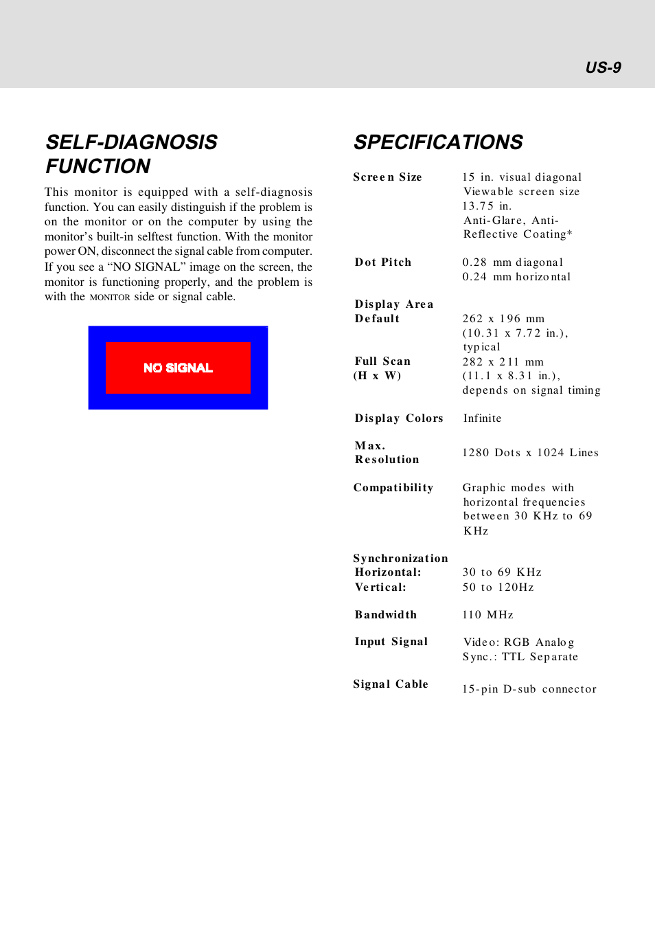 Self-diagnosis function, Specifications, Us-9 | Lenovo E54 User Manual | Page 16 / 18