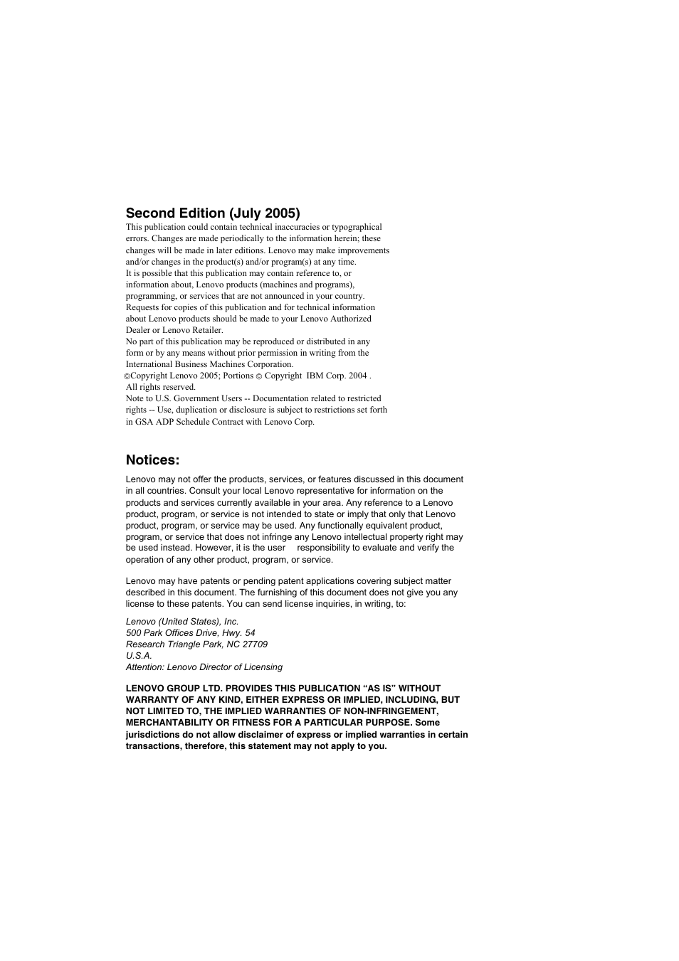 Second edition (july 2005), Notices | Lenovo E54 User Manual | Page 3 / 18