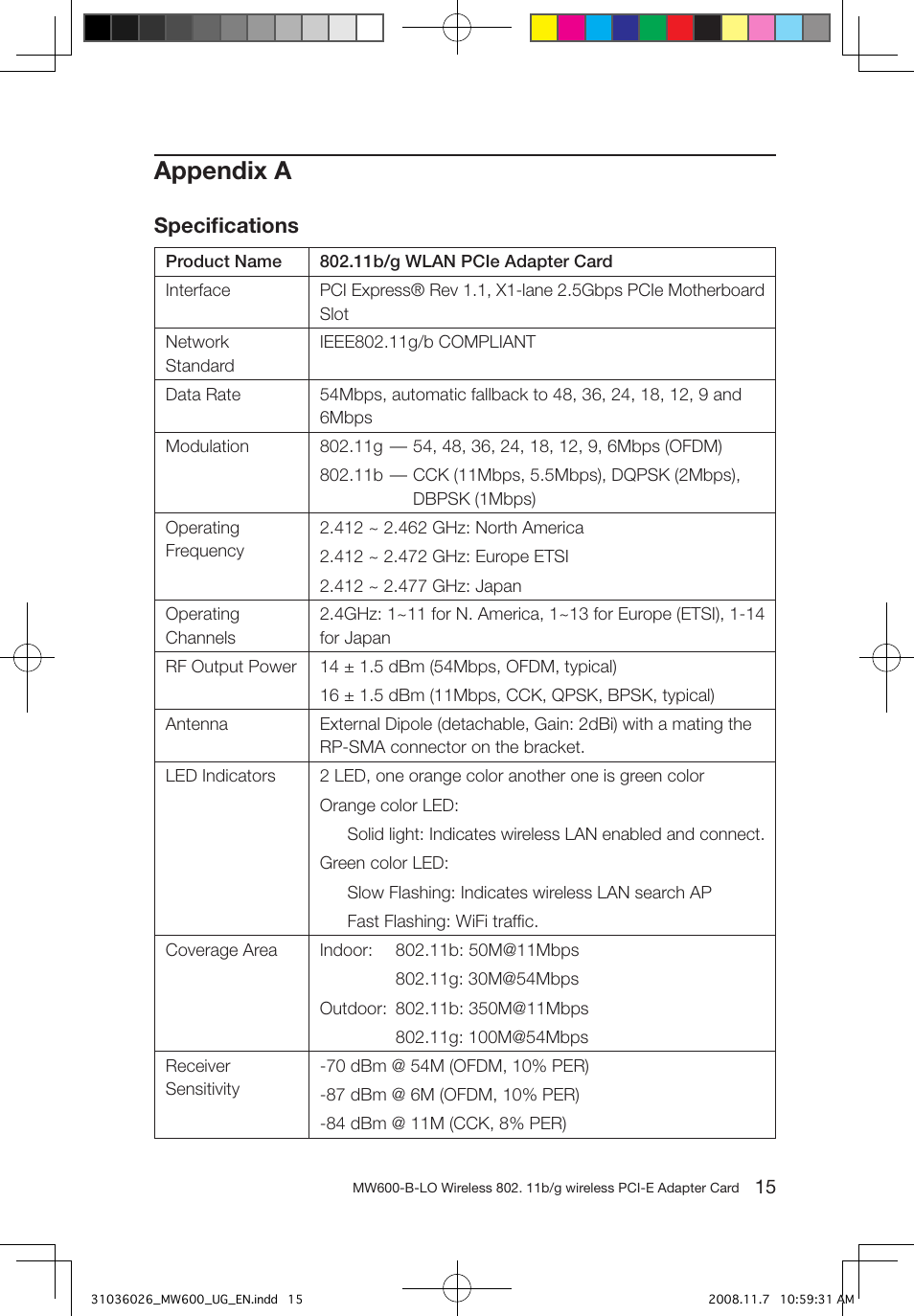 Appendix a, Speciﬁcations | Lenovo NETWORK CARD - WIRELESS ADAPTER MW600-B-LO User Manual | Page 18 / 19