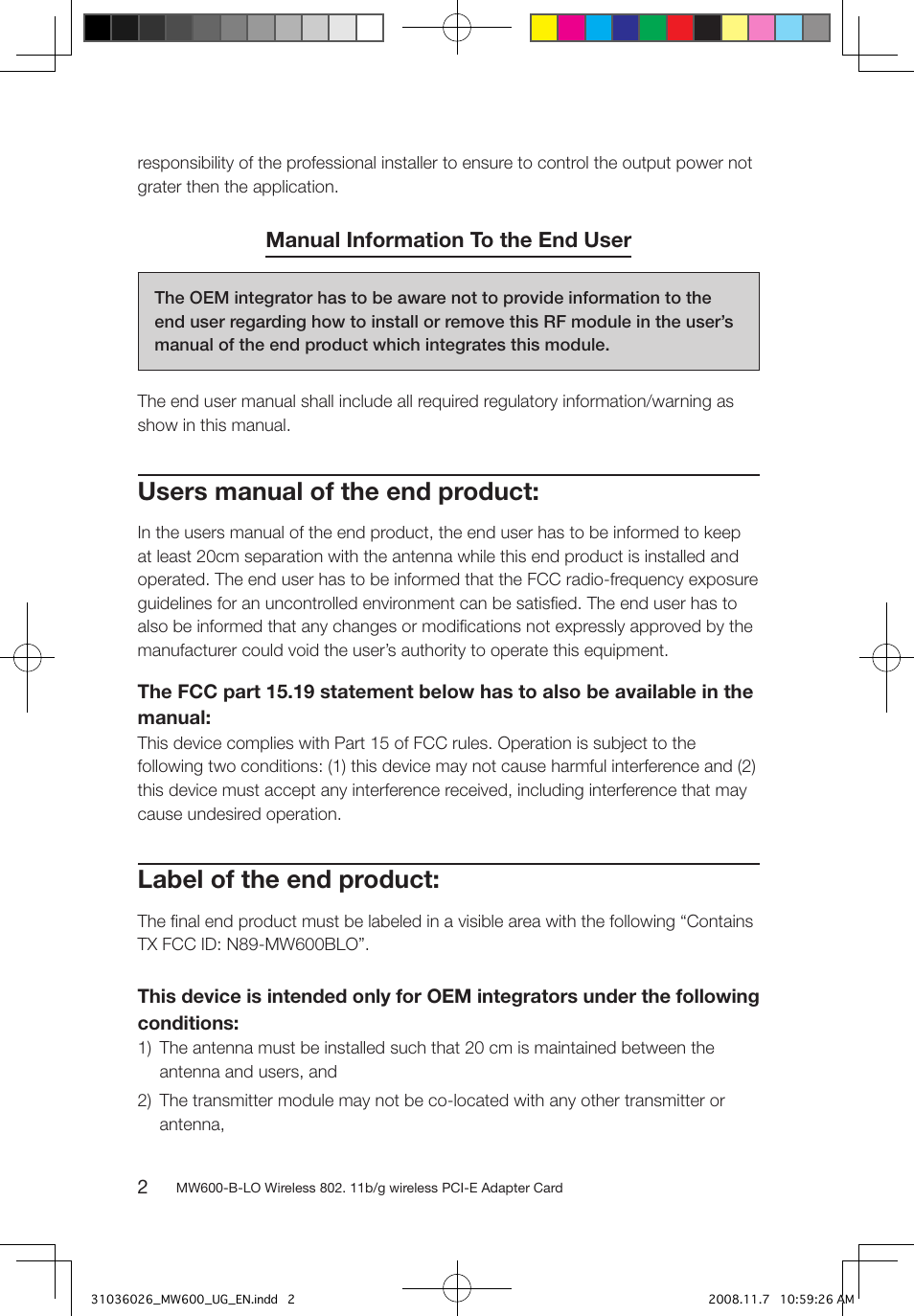 Users manual of the end product, Label of the end product, Manual information to the end user | Lenovo NETWORK CARD - WIRELESS ADAPTER MW600-B-LO User Manual | Page 5 / 19