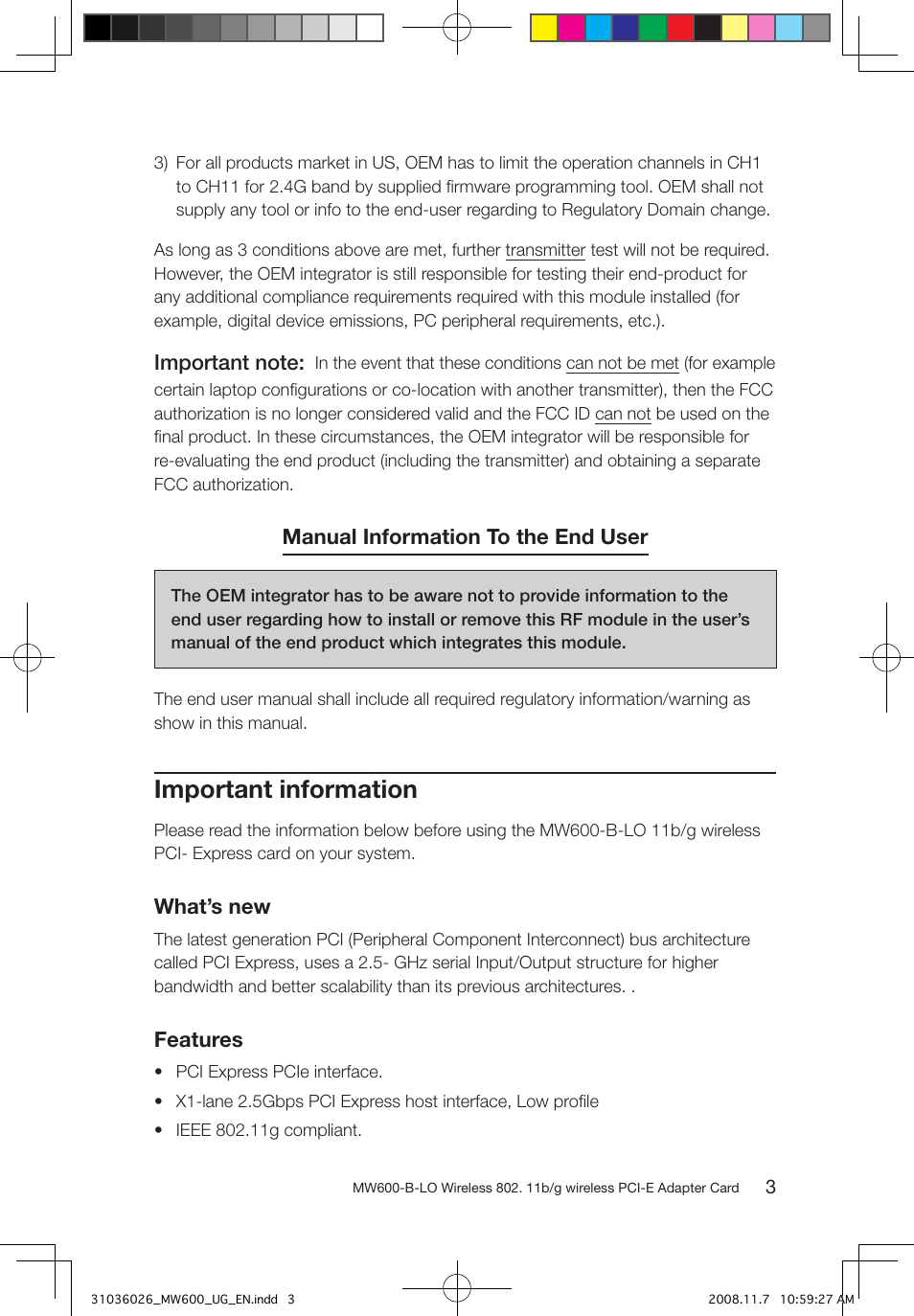 Important information, Manual information to the end user, What’s new | Features | Lenovo NETWORK CARD - WIRELESS ADAPTER MW600-B-LO User Manual | Page 6 / 19