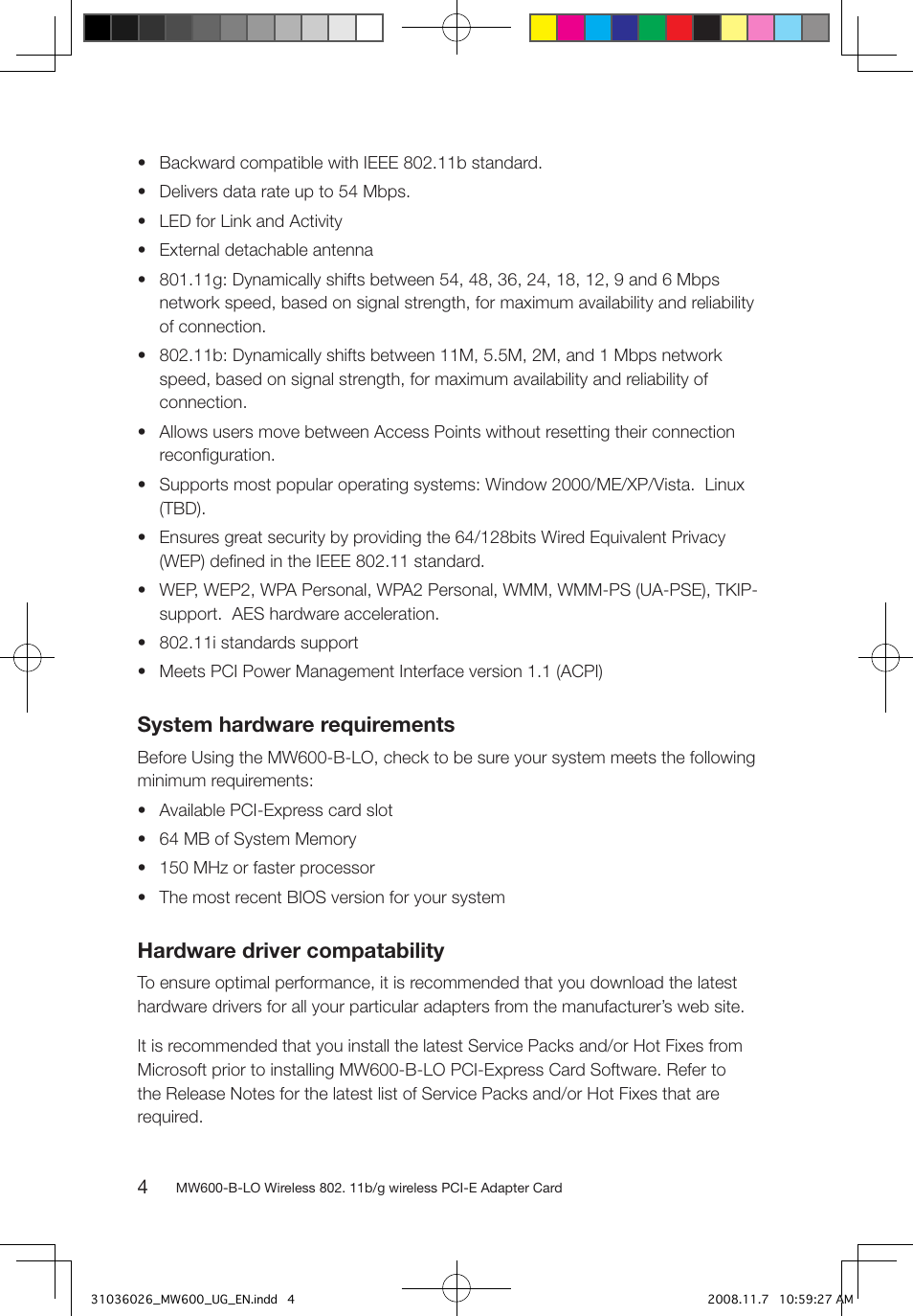System hardware requirements, Hardware driver compatability | Lenovo NETWORK CARD - WIRELESS ADAPTER MW600-B-LO User Manual | Page 7 / 19