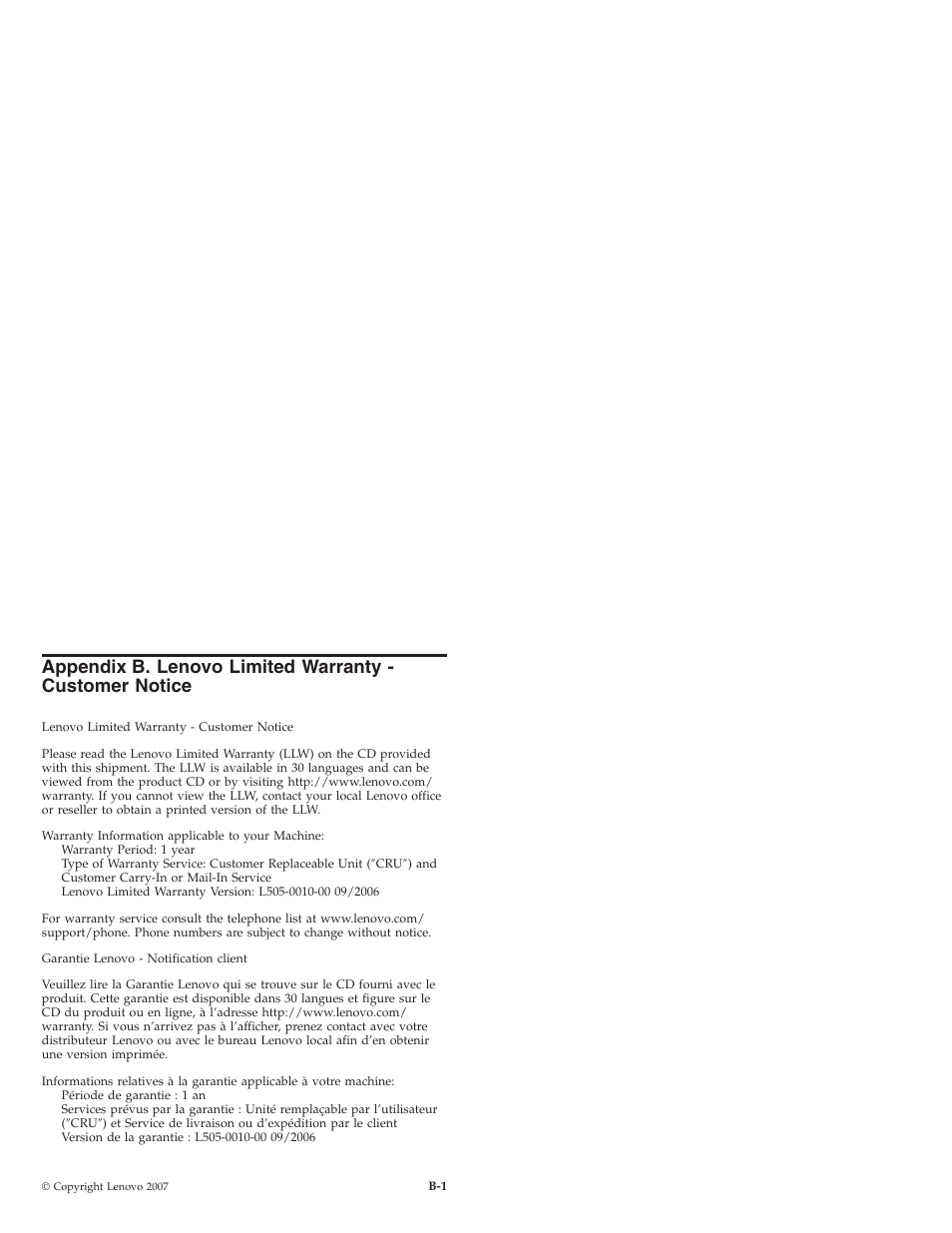 Appendix, Lenovo, Limited | Warranty, Customer, Notice | Lenovo 41N5719 User Manual | Page 19 / 46