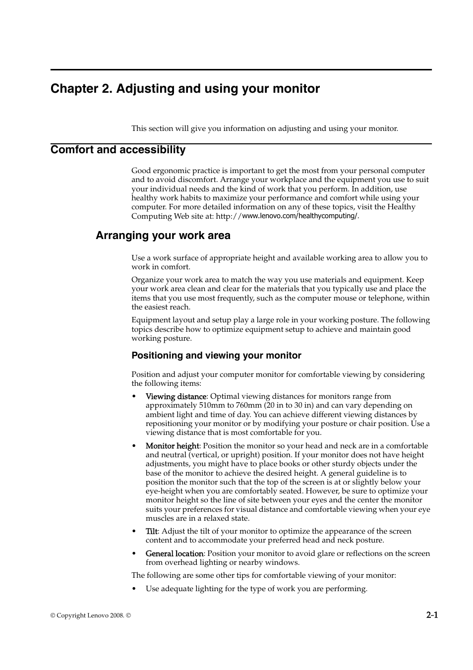 Chapter 2. adjusting and using your monitor, Comfort and accessibility, Arranging your work area | Lenovo D156 WIDE 4415-AB1 User Manual | Page 10 / 31