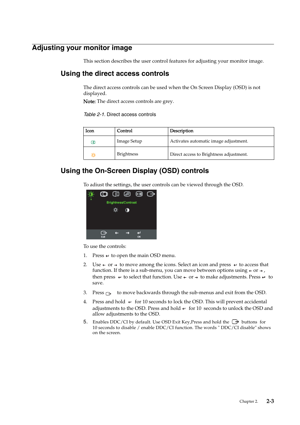 Adjusting your monitor image, Using the direct access controls, Using the on-screen display (osd) controls | Lenovo D156 WIDE 4415-AB1 User Manual | Page 12 / 31