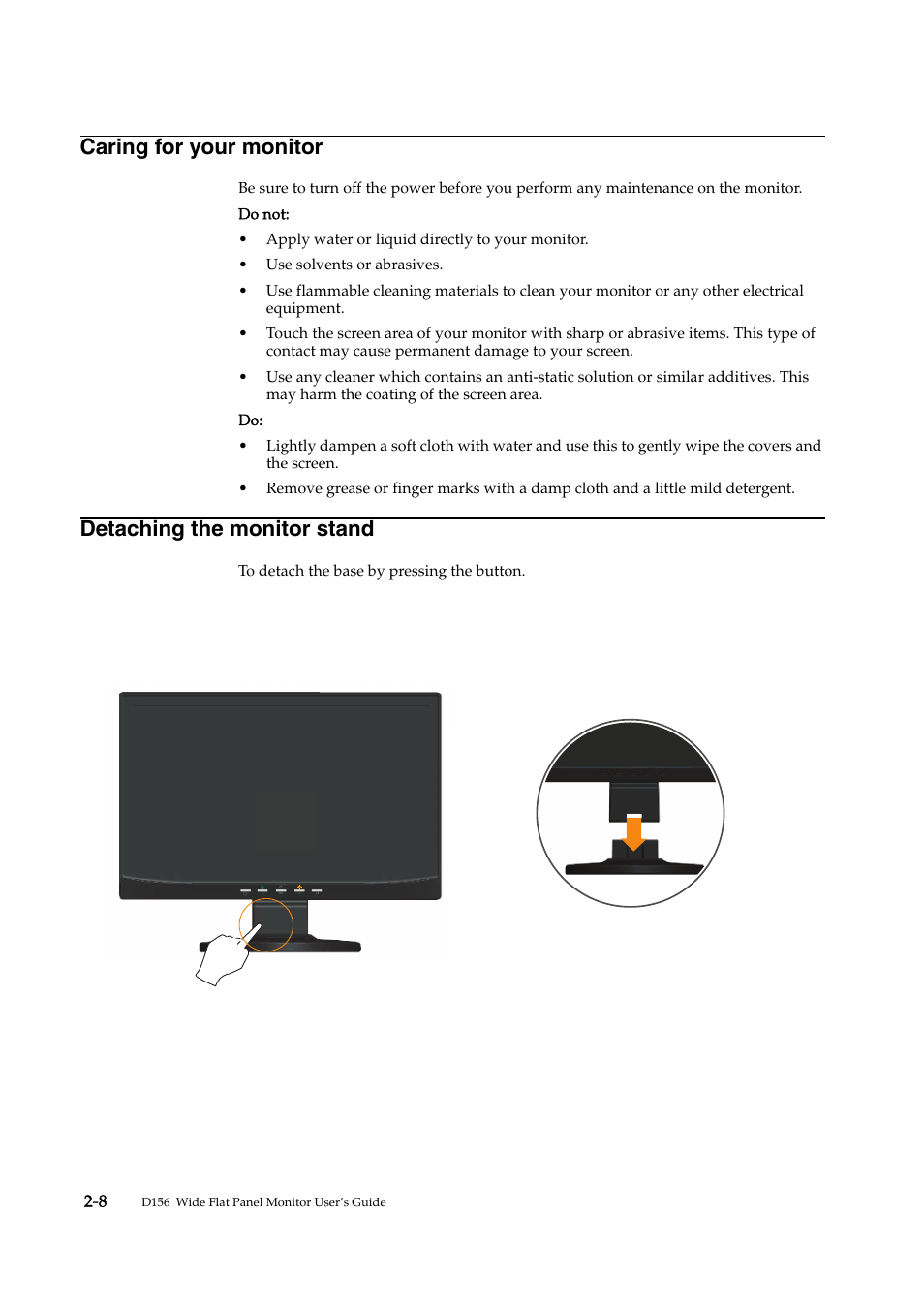 Caring for your monitor, Detaching the monitor stand | Lenovo D156 WIDE 4415-AB1 User Manual | Page 17 / 31
