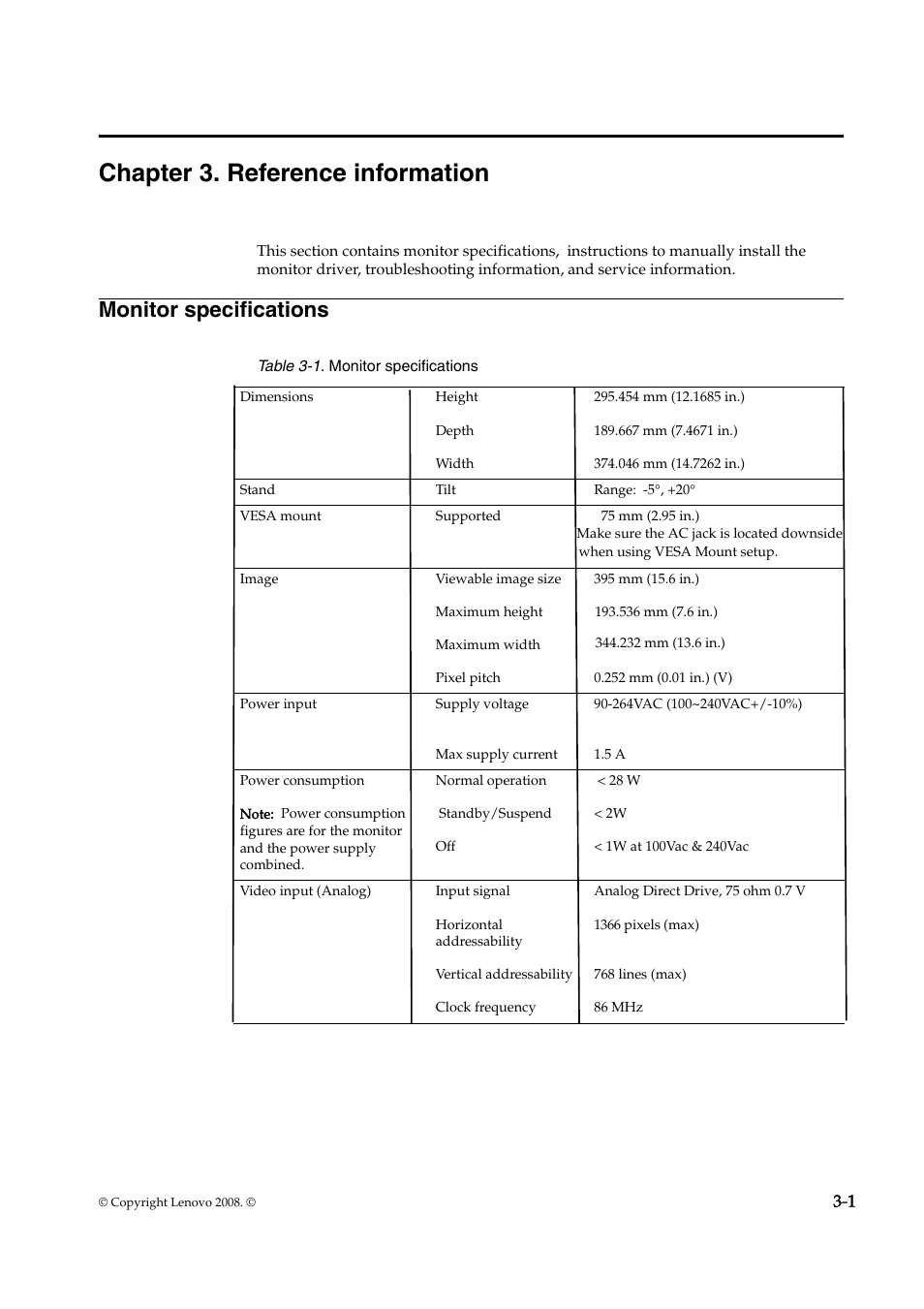 Chapter 3. reference information, Monitor specifications | Lenovo D156 WIDE 4415-AB1 User Manual | Page 18 / 31
