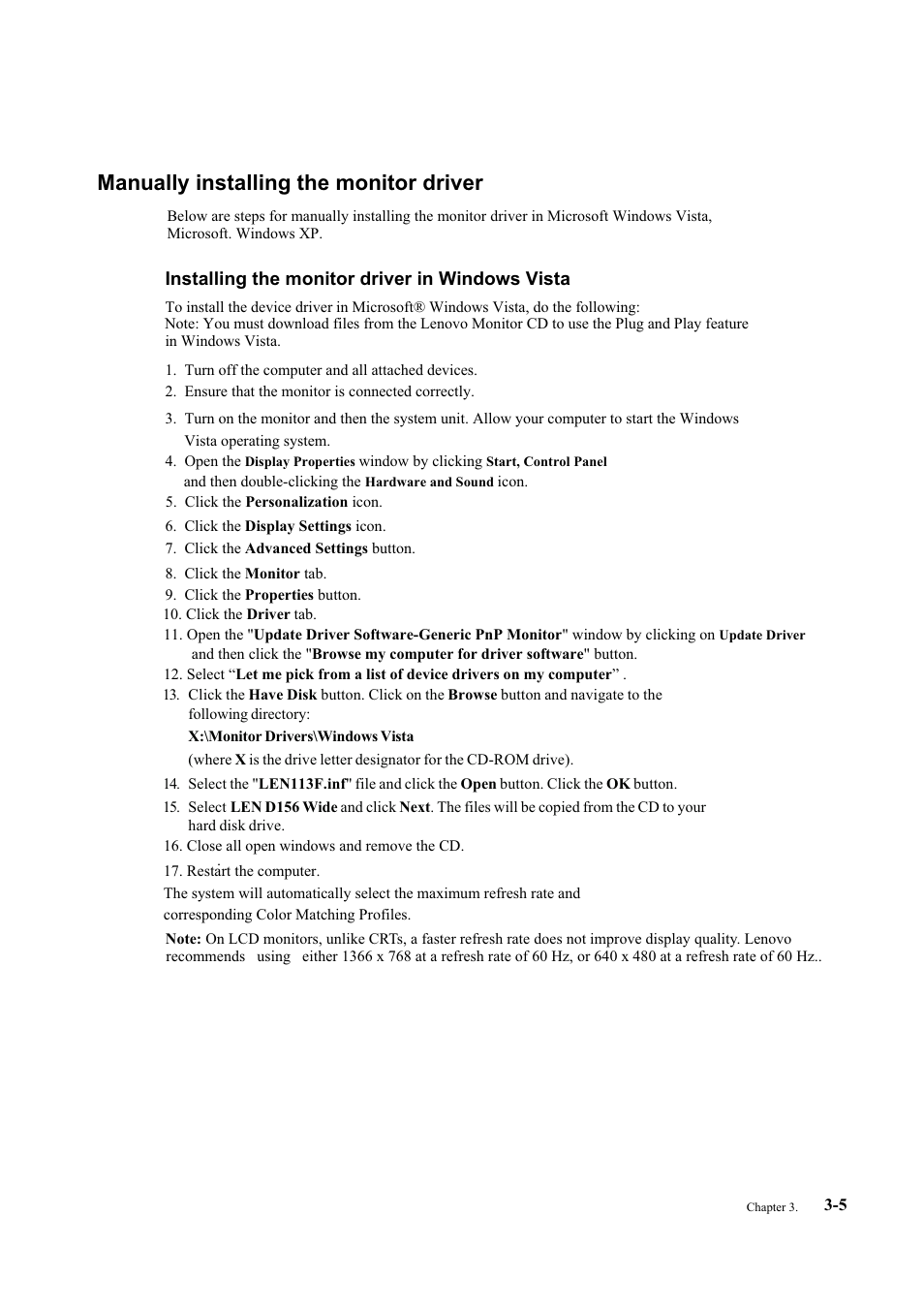 Manually installing the monitor driver | Lenovo D156 WIDE 4415-AB1 User Manual | Page 22 / 31