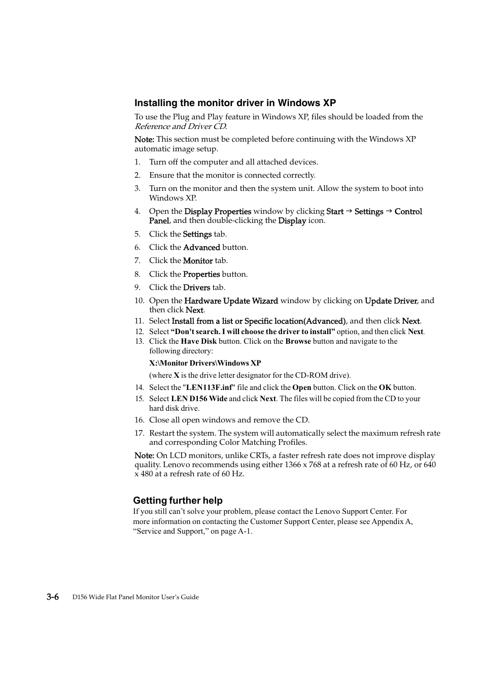 Installing the monitor driver in windows xp, Getting further help | Lenovo D156 WIDE 4415-AB1 User Manual | Page 23 / 31