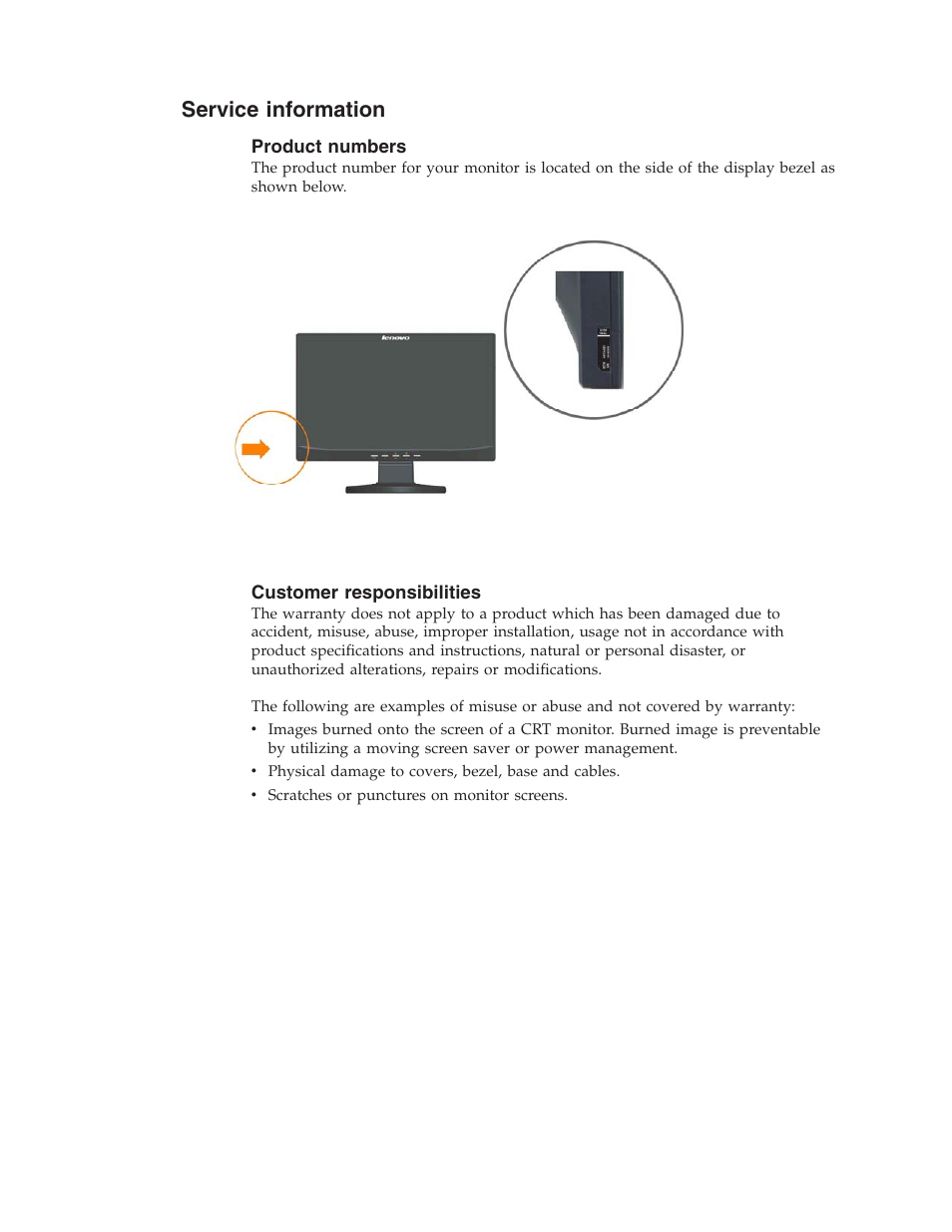 Service, Information, Product | Numbers, Customer, Responsibilities | Lenovo D156 WIDE 4415-AB1 User Manual | Page 24 / 31