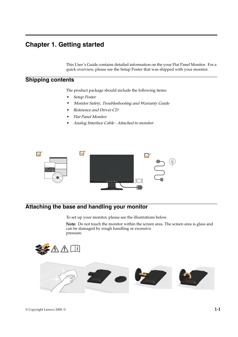 Chapter 1. getting started, Shipping contents, Attaching the base and handling your monitor | Lenovo D156 WIDE 4415-AB1 User Manual | Page 5 / 31