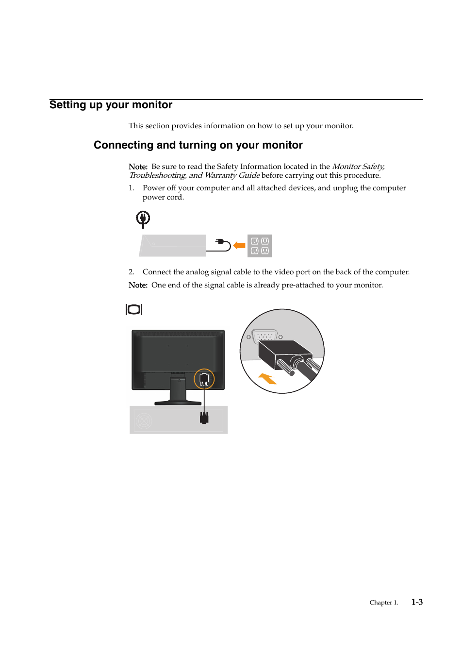 Setting up your monitor, Connecting and turning on your monitor | Lenovo D156 WIDE 4415-AB1 User Manual | Page 7 / 31